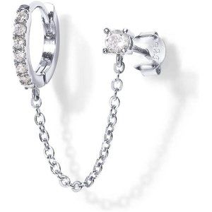 14K Gold Chain Earrings Women Double Piercing Dangle Chain Huggie Hoop Earrings